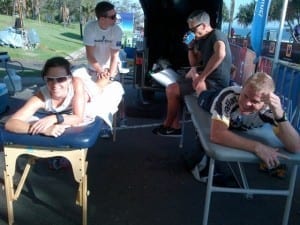 Sprung!  Coaches Mark and Suz clearly hard at work waiting anxiously for their athletes to emerge from the swim at the Mooloolaba Tri